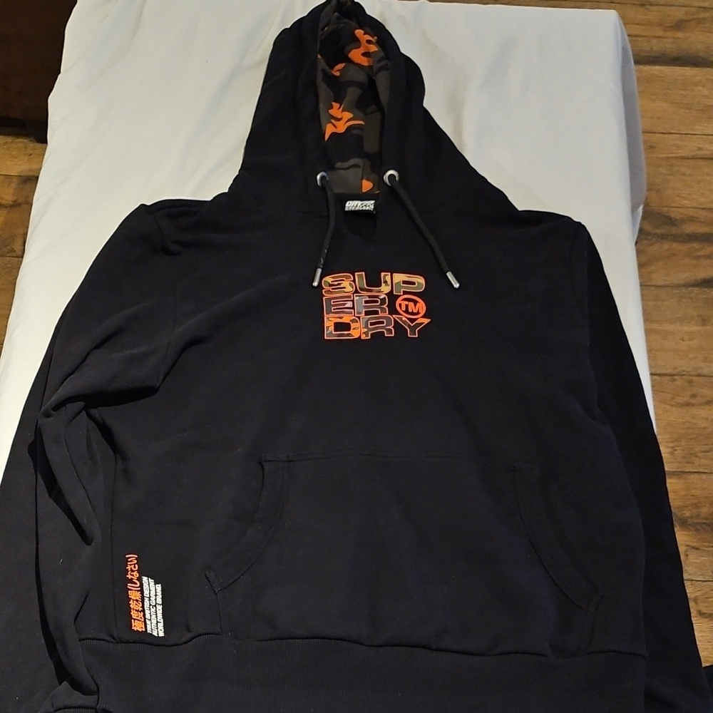 Superdry Men's Navy Hoodie with Orange Accents